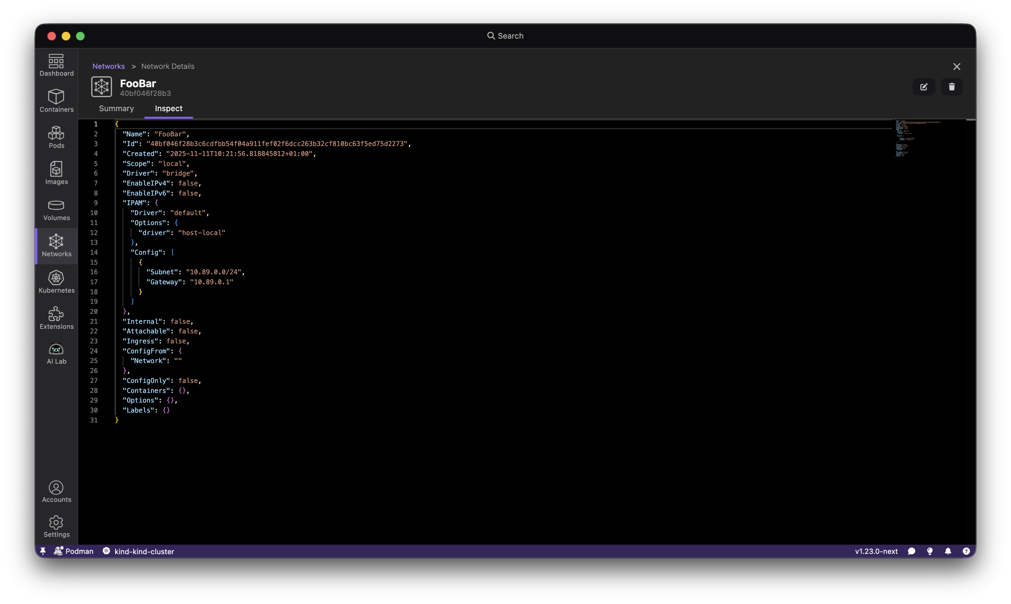 Podman network tab